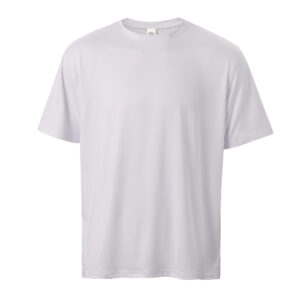 A blank white crew neck t-shirt displayed on a plain background. The shirt has short sleeves and is presented in a way that showcases its front area clearly. The fabric appears smooth and there are no visible logos or designs on the garment.