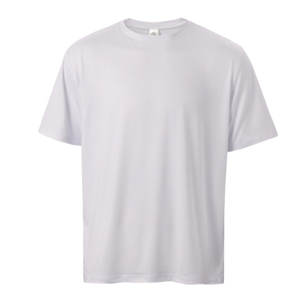 A blank white crew neck t-shirt displayed on a plain background. The shirt has short sleeves and is presented in a way that showcases its front area clearly. The fabric appears smooth and there are no visible logos or designs on the garment.