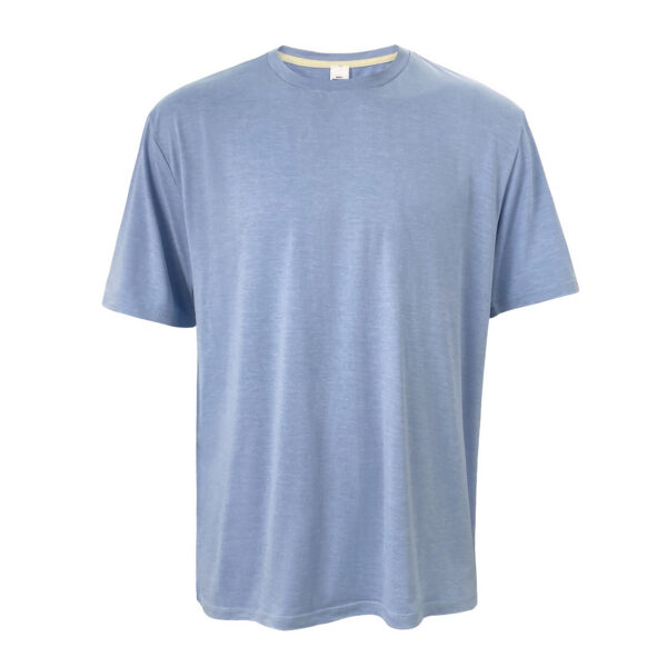 A blank blue crew neck t-shirt displayed on a plain background. The shirt has short sleeves and is presented in a way that showcases its front area clearly. The fabric appears smooth and there are no visible logos or designs on the garment.