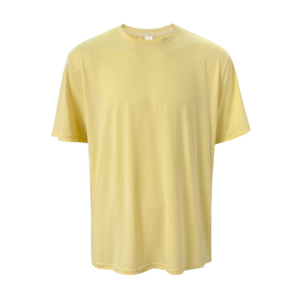 A blank yellow crew neck t-shirt displayed on a plain background. The shirt has short sleeves and is presented in a way that showcases its front area clearly. The fabric appears smooth and there are no visible logos or designs on the garment.