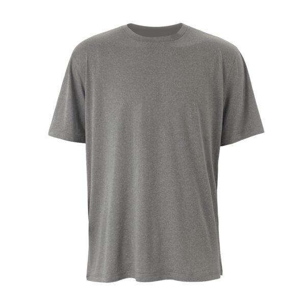 A blank grey crew neck t-shirt displayed on a plain background. The shirt has short sleeves and is presented in a way that showcases its front area clearly. The fabric appears smooth and there are no visible logos or designs on the garment.