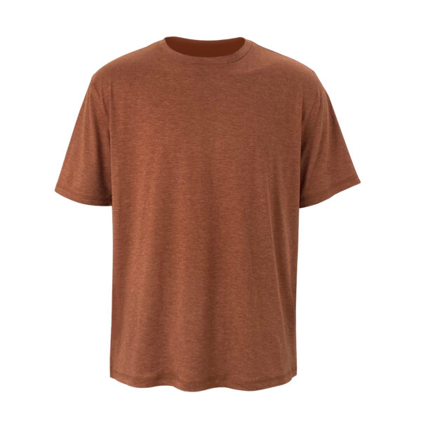 A blank rust crew neck t-shirt displayed on a plain background. The shirt has short sleeves and is presented in a way that showcases its front area clearly. The fabric appears smooth and there are no visible logos or designs on the garment.