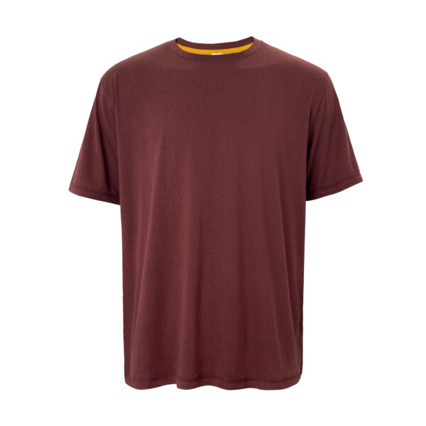 A blank maroon crew neck t-shirt displayed on a plain background. The shirt has short sleeves and is presented in a way that showcases its front area clearly. The fabric appears smooth and there are no visible logos or designs on the garment.