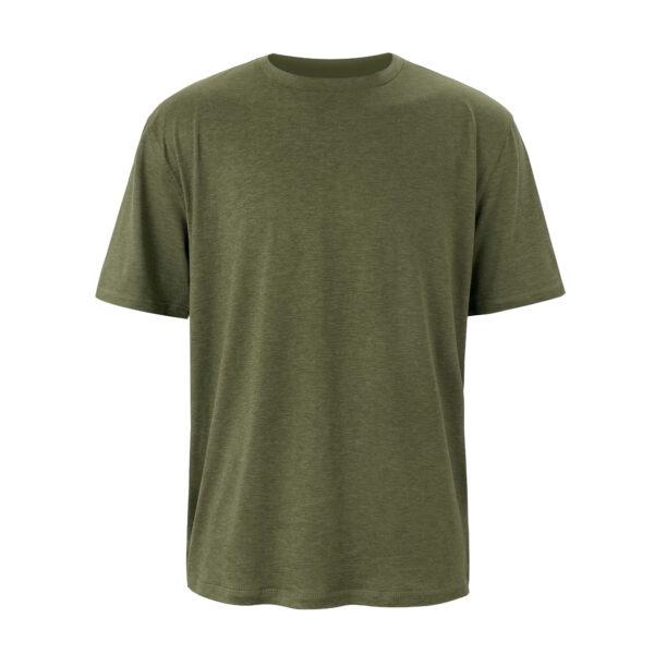 A blank green crew neck t-shirt displayed on a plain background. The shirt has short sleeves and is presented in a way that showcases its front area clearly. The fabric appears smooth and there are no visible logos or designs on the garment.