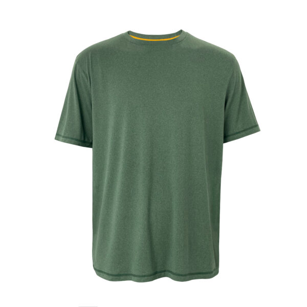 A blank green crew neck t-shirt displayed on a plain background. The shirt has short sleeves and is presented in a way that showcases its front area clearly. The fabric appears smooth and there are no visible logos or designs on the garment.