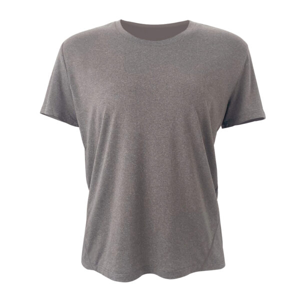 A blank Grey crew neck t-shirt displayed on a plain background. The shirt has short sleeves and is presented in a way that showcases its front area clearly. The fabric appears smooth and there are no visible logos or designs on the garment.