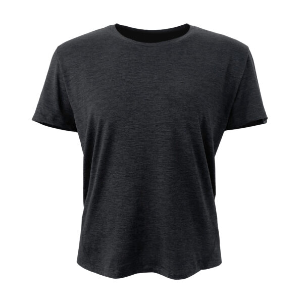 A blank Black crew neck t-shirt displayed on a plain background. The shirt has short sleeves and is presented in a way that showcases its front area clearly. The fabric appears smooth and there are no visible logos or designs on the garment.