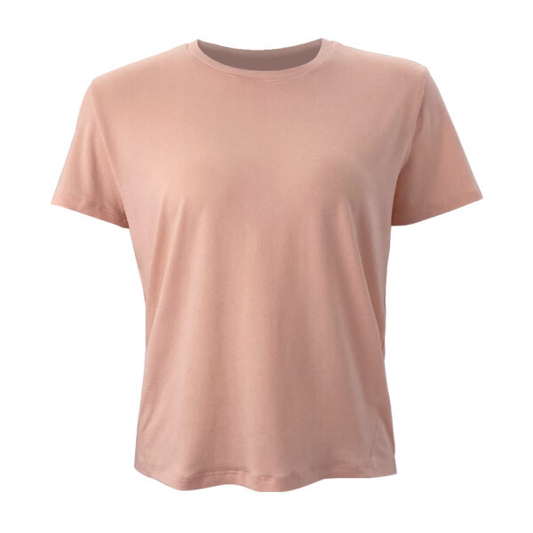 A blank pink crew neck t-shirt displayed on a plain background. The shirt has short sleeves and is presented in a way that showcases its front area clearly. The fabric appears smooth and there are no visible logos or designs on the garment.