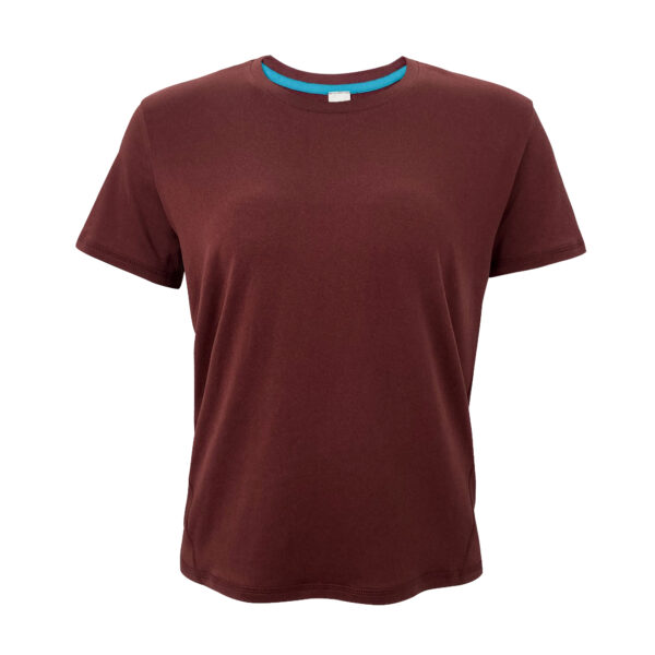 A blank Maroon crew neck t-shirt displayed on a plain background. The shirt has short sleeves and is presented in a way that showcases its front area clearly. The fabric appears smooth and there are no visible logos or designs on the garment.