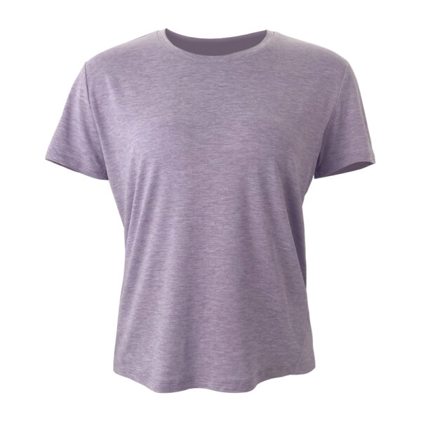 A blank lilac crew neck t-shirt displayed on a plain background. The shirt has short sleeves and is presented in a way that showcases its front area clearly. The fabric appears smooth and there are no visible logos or designs on the garment.